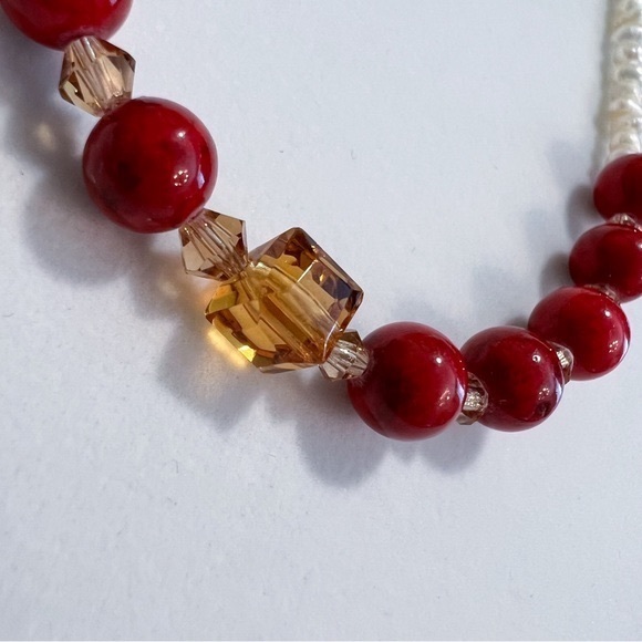 Red Jasper, Amber & Fresh Water Pearl Necklace - Picture 5 of 8